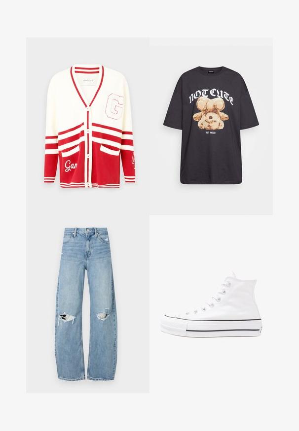 Punane ja valge kaelusega kardigan, nööpidega esiosal, triibuliste varrukatega, kahe esise taskuga ning tikitud "G" ja "Gant" detailidega.; Musthave musta t-särk, millel on karu graafika ja tekst "EI NII NÄDALA, KUID MÄRG" paksult valgete tähtedega. Puuvillane materjal.; Heledad hallideega sinised teksad, millel on kõrge talje. Teksade jalgadel on lai alus, kaks rebitud kohta põlvede ümber ning klassikaline viie tasku stiil.; Valge kõrgem kangast tenniseking, millel on must kummist tald, ees kummist varvasetugi ja kuus aukku paelte jaoks, pakkudes puhta ja minimalistliku disaini.