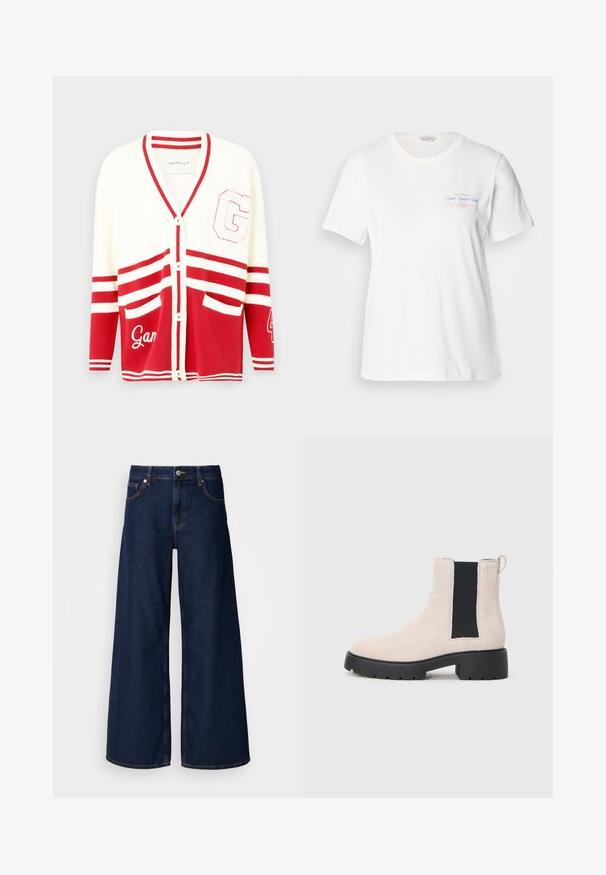 Cardigan rosso e bianco con scollo a V, chiusura con bottoni, maniche a strisce, due tasche frontali e dettagli ricamati "G" e "Gant".; T-shirt in cotone bianco con maniche corte, scollo rotondo e stampa grafica rosa/blu con la scritta "Gant Sports Club 1949" sul petto.; Jeans in denim blu scuro a gamba larga con vita alta, tasche anteriori e chiusura con bottone. Presenta cuciture a contrasto e una texture liscia.; Stivale Chelsea in suede beige con pannello laterale elastico nero, suola nera spessa e linguetta alla caviglia.