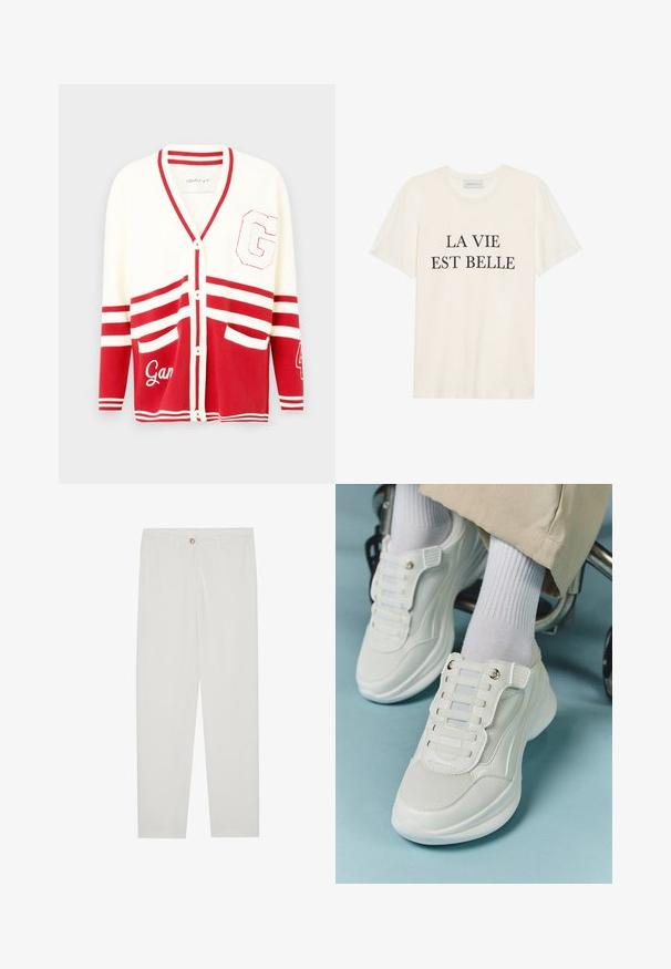 Czerwony i biały kardigan z dekoltem w kształcie litery V, z przodu na guziki, w paski rękawy, dwie przednie kieszenie oraz haftowane detale "G" i "Gant".; Kremowa koszulka bawełniana z krótkim rękawem i okrągłym dekoltem. Na przodzie znajduje się czarny napis "LA VIE EST BELLE" umieszczony na środku.; Białe, dopasowane spodnie z prostymi nogawkami, posiadające zapięcie na guzik, szlufki na pasek oraz kieszenie boczne; gładka tekstura materiału.; Białe sneakersy z siateczkowego materiału, gumową podeszwą, bezsznurowym designem z elastycznymi paskami oraz złotymi akcentami.