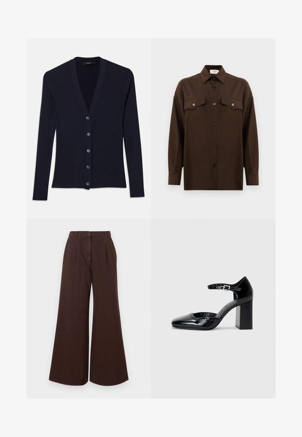 Marineblauwe geribde cardigan met V-hals, lange mouwen en zes knopen. Zachte textuur met een getailleerde pasvorm.; Donkerbruin langarm overhemd met knopen, voorzien van twee zakken met klep op de borst en een klassieke kraag, weergegeven tegen een effen witte achtergrond.; Hoge taille, wijde bruine broek met knoop- en ritssluiting, riemlussen en voorplooien.; Zwarte lakleren hoge hakken met een vierkante neus, enkelbandje en een chunky hak. Inclusief geperforeerde details langs de rand.
