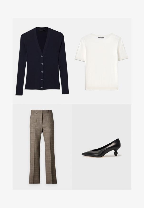 Cárdigan de canalé azul marino con cuello en V, mangas largas y cierre de seis botones. Textura suave con silueta ajustada.; Top de punto corto de manga blanca con cuello redondo, que presenta una textura suave y sutiles detalles acanalados en las mangas y el dobladillo.; Pantalones a cuadros marrones con corte recto, que presentan una tela texturizada y colores sutiles de beige y marrones oscuros a lo largo del patrón.; Zapato de tacón alto de cuero negro con puntera afilada y un tacón redondeado y abombado. Textura suave con un diseño elegante y minimalista.