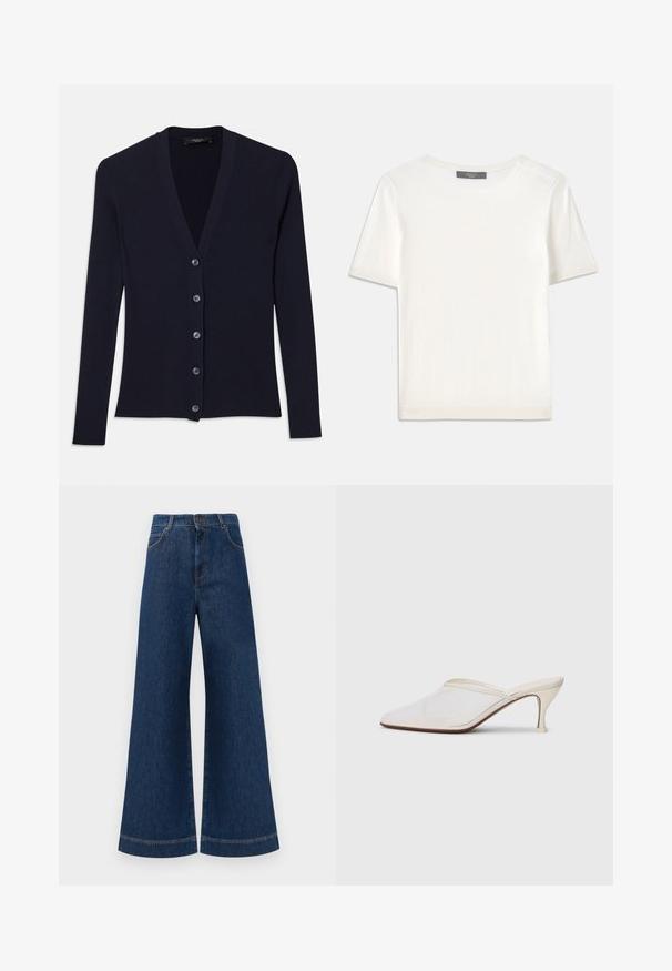 Cardigan bleu marine côtelé avec un col en V, des manches longues et une fermeture à six boutons. Texture douce avec une coupe ajustée.; Haut tricot blanc à manches courtes avec un col rond, présentant une texture lisse et des accents côtelés subtils aux manches et à l'ourlet.; Jeans en denim bleu à taille haute et jambes larges, avec une fermeture à bouton, des passants de ceinture et des détails de couture subtils le long des poches et des ourlets.; Mule blanches en mesh avec un bout pointu, un talon moyen élancé et un design à enfiler, sur un fond uni.