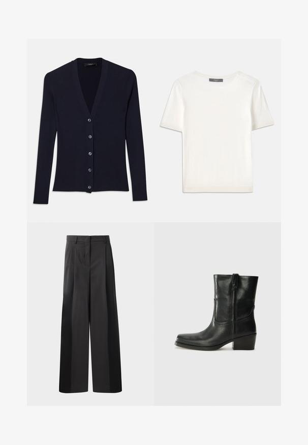 Navy ribbed cardigan featuring a V-neck, long sleeves, and six button closure. Soft texture with a fitted shape.; White short-sleeve knit top with a round neckline, featuring a smooth texture and subtle ribbed accents at sleeves and hem.; Black wide-leg trousers with a high waist, featuring front pleats, a smooth texture, and a tailored finish. Designed for a relaxed fit.; Black leather ankle boot with a rounded toe, block heel, side zipper, and stitching accents on the vamp. Smooth texture, classic design.