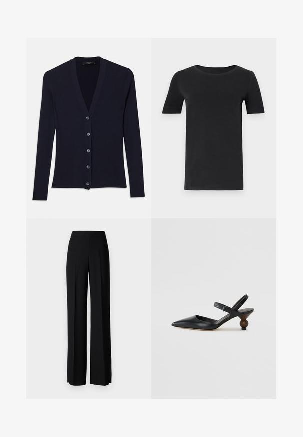 Námornícky rebrovaný kardigán s výstrihom do V, dlhými rukávmi a šesťgombíkovým zapínaním. Mäkká textúra s priliehavým strihom.; Čierne tričko s krátkym rukávom vyrobené z jemného bavlneného materiálu, s okrúhlym výstrihom a klasickým strihom. Hladká textúra, bez vzorov alebo dekoratívnych prvkov.; Čierne široké nohavice s hladkým povrchom, s vysokým pásom a stredovými skladmi. Žiadne viditeľné vzory ani hardvérové detaily.; Čierna kožená slingback obuv s špicatou špičkou, zakriveným dizajnom a okrúhlou drevokatou pätou. Obsahuje úzky popruh okolo členka.