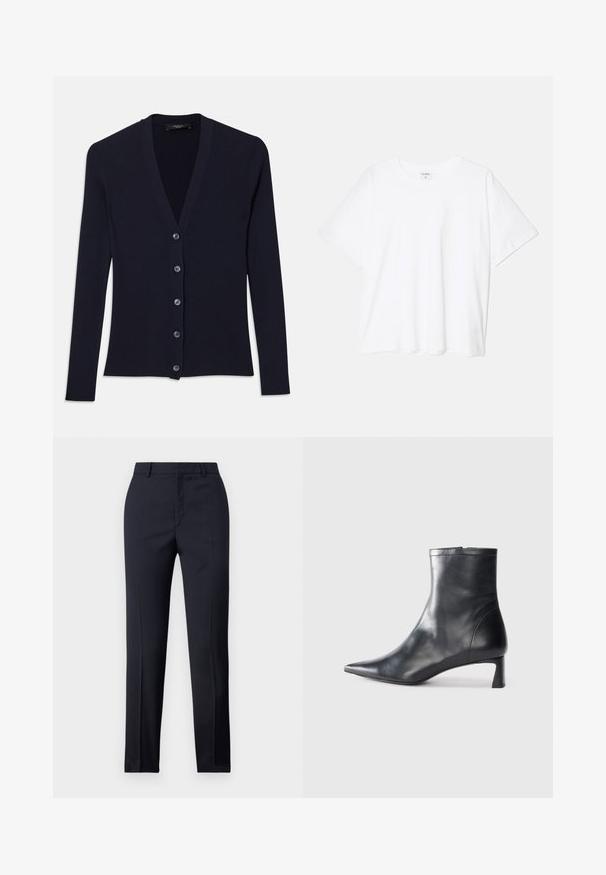 Cardigan navy com nervuras, com decote em V, mangas longas e fecho com seis botões. Textura suave com forma ajustada.; T-shirt de algodão branco com mangas curtas, decote redondo, corte descontraído e bainha cosida. Etiqueta visível no interior do pescoço.; Calças ajustadas em azul-marinho com corte reto, apresentando uma textura suave, dois bolsos frontais e um cós liso.; Bota de tornozelo em pele preta com biqueira apontada e um design elegante. Apresenta um salto baixo e um fecho com zipper na parte de trás. Textura suave.