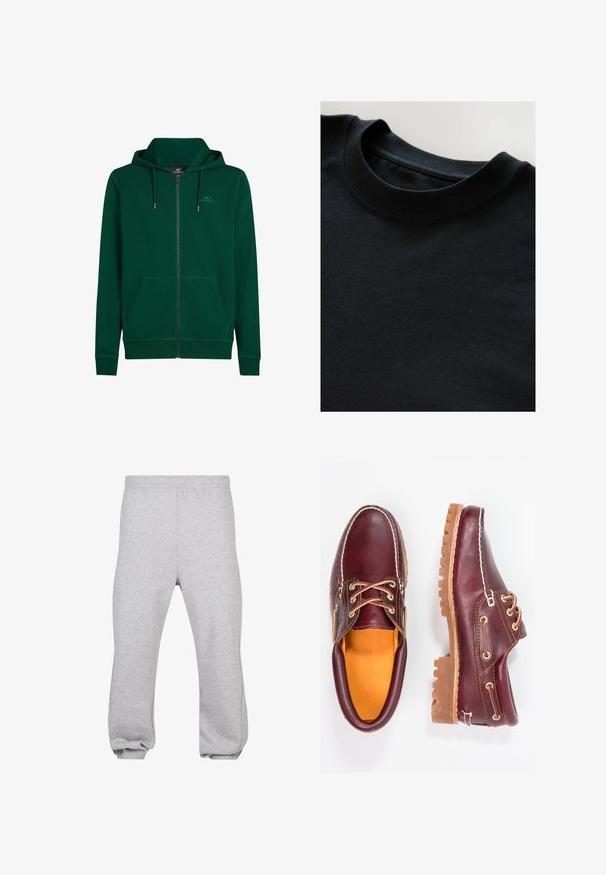 Mørkegrøn lynlås-hoodie lavet af blødt stof, med en frontlomme, justerbare snore og et diskret logo på brystet.; Sort crewneck t-shirt med et blødt, tekstureret stof, korte ærmer og en glat halsudskæring. Enkel design uden mønstre eller tryk.; Grå sweatpants lavet af bomuldsblanding, med elastisk talje, tapered ben og manchetter. Enkel design uden mønstre.; Bordeaux lædersko med brune gummisåler, rund tå, hvid syning og gyldne snøringer. Indersiden har et gult for.