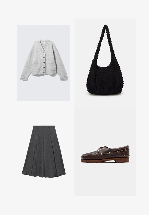 Cardigan gris en tricot avec col en V, manches longues, poignets côtelés et deux poches à l'avant. Doté d'une fermeture à boutons et d'une texture douce.; Chemise courte à boutons avec des rayures verticales bleues et blanches, finition texturée, col pointu et poignets à un bouton.; Jupe plissée grise avec une forme évasée, fabriquée en tissu doux. Présente des plis verticaux et une taille lisse pour un look ajusté.; Bateau en cuir marron avec des œillets dorés, des lacets ronds et une semelle en caoutchouc marron texturée. Présente des détails de couture et un logo en relief.; Sac en tissu noir texturé avec une seule sangle torsadée, présentant une forme dodue et un design de surface froncé.