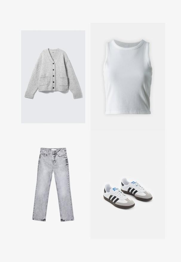 Harmaa neulottu neuletakki, jossa on V-aukko, pitkät hihat, resorit hihansuissa ja kaksi etutaskua. Varustettu nappikiinnityksellä ja pehmeällä tekstuurilla.; Valkoinen poimutettu hihaton toppi, jossa on pyöreä kaula-aukko, suora helma ja sileä, joustava materiaali.; Harmaat farkut suoran lahkeen leikkauksella, kulutettu yksityiskohtia, viisi taskua ja kuparinappi. Vyötärönauha sisältää logotagin.; Urheilukengät, joissa on valkoinen nahkainen päällinen, harmaa mokkanokka ja kolme mustaa raitaa. Ominaisuuksina sininen logo kielekkeessä ja kuvioitu kumipohja.