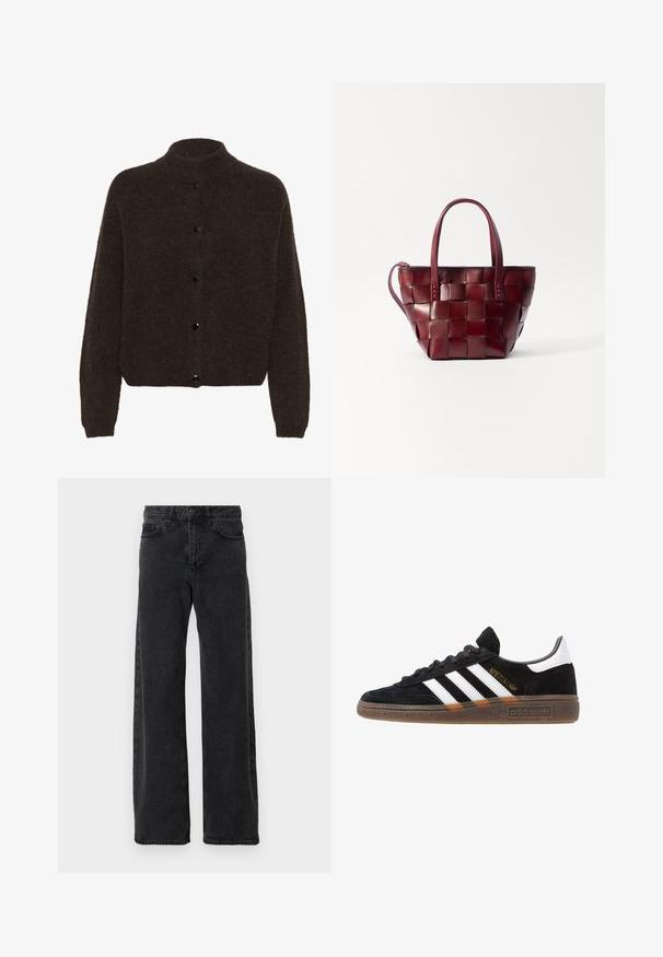 Gestuz ALPHA - Strickjacke - dark brown; Langärmliges, braunes Oberteil aus strukturiertem Stoff, mit einem runden Ausschnitt und einer einfachen, taillierten Silhouette ohne sichtbare Verzierungen.; Schwarze Denim-Jeans mit weitem Bein, klassischen fünf Taschenstil, Knopfverschluss und subtiler Waschung.; Schwarzer Adidas Sneaker mit weißen Streifen, goldenem "Spezial"-Text, Gummisohle und weißem Fersenbereich, seitliche Ansicht.; Geflochtene bordeauxfarbene Lederhandtasche mit zwei kurzen Griffen und einem abnehmbaren Schultergurt. Sie hat eine strukturierte Form und eine glatte Textur.