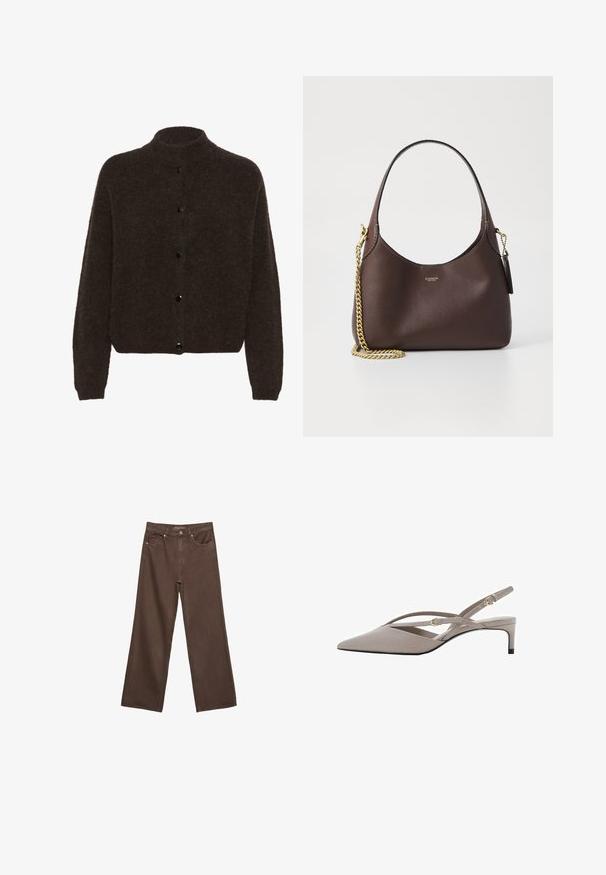 Gestuz ALPHA - Vesta na kopčanje - dark brown; Bijela bezrukavna majica s opuštenim krojem, okruglim izrezom, glatkom teksturom i ravnim rubom. Jednostavan dizajn bez uzoraka ili hardvera.; Proširene smeđe traperice od denima, s visokim strukom, prednjim džepovima i klasičnom kopčom na dugme. Glatka tekstura s suptilnim šavovima.; Bež sandale sa špicastim vrhom, tankim ukriženim trakama i kratkim potpeticama. Glatka tkanina s dodatnim zlatnim detaljima.; COACH BROOKLYN SHOULDER BAG 23 - Ručna torba - maple