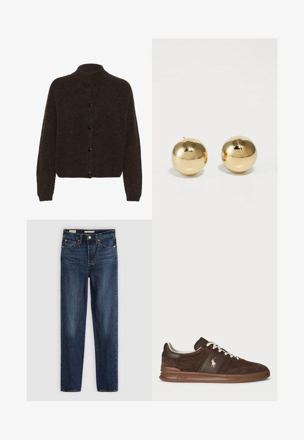 Gestuz ALPHA - Vest - dark brown; Donkerbruine katoenen t-shirt met een ronde hals, korte mouwen en een relaxte pasvorm. Eenvoudig ontwerp zonder zichtbare patronen of accenten.; Diepblauwe rechte jeans met vijf zakken, knoop- en ritssluiting, en contrasterende stiksels.; Bruine suède sneakers met textuurpanelen, witte veters en een gouden logo. Voorzien van een rubberen zool en een gevoerde kraag voor comfort.; Gouden ronde stud oorbellen met een gepolijste afwerking en een kleine post. Ze hebben een gladde textuur en een reflecterend oppervlak.