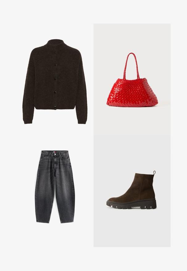 Gestuz ALPHA - Kardigán - dark brown; Világoskék, hosszú ujjú pólóing vízszintes szürke és fehér csíkokkal, galléros nyakkal.; Magas derekú, fekete farmernadrág, laza szabással, öt zsebbel, övtartókkal és márkás derékkal.; Barna velúr bokacsizma masszív fekete gumitalppal, enyhén sarokkal és hátul elhelyezett húzófüllel a könnyű felvétel érdekében.; Vörös szőtt női táska fényes felülettel, fonott fogantyúkkal. Megkülönböztető háromszög alakú és texturált felülettel rendelkezik, szoros mintázattal.