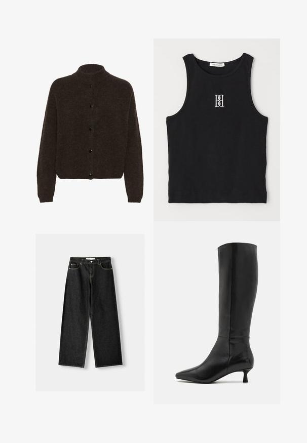 Gestuz ALPHA - Jopica - dark brown; Črna rebrasta majica brez rokavov z okroglim izrezom in vezenim logotipom v beli barvi. Tkanina ima gladko teksturo in prilagojeno obliko.; Črne široke jeans hlače iz denima vključno s petimi žepi, kovinsko gumbo in zadrgo ter kontrastnimi rumenimi šivi ob šivih.; Zign Škornji - black