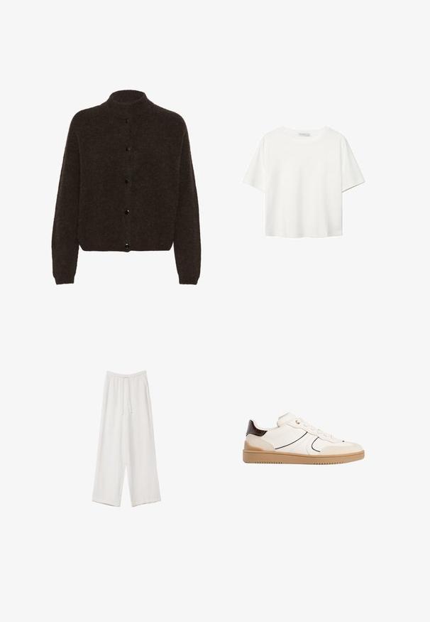 Gestuz ALPHA - Vesta na kopčanje - dark brown; Bijela majica kratkih rukava od pamuka. Ima okrugli izrez i opušteni kroj. Glatka tekstura bez vidljivih uzoraka ili naglasaka.; Bijele hlače širokih nogavica napravljene od lagane tkanine. Imaju elastičan pojas s ušicom i bočne džepove. Glatka tekstura.; Stradivarius Tenisice - white