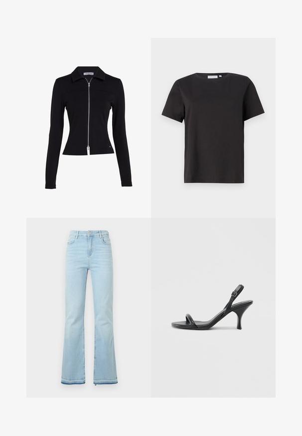 Calvin Klein Jeans ZIPPER LONGSLEEVE MILANO - Kardigan - ck black; Must mustaga t-särk lühikeste varrukatega, ümar kaelus ja lihtne, puhas disain. Ilma nähtavate mustrite või ääristusteta.; Heledad helesinised teksad, mis on valmistatud denimist, kõrge vöökohaga, esikottidega ning toore äärtega sääreosas, et luua lõdvestunud välimus.; Mustad nahast kõrgete kontsadega sandaalid, millel on saledad, kõverad kontsad ja ristatud rihma disain. Reguleeritav pahkluu rihm. Sile tekstuur.