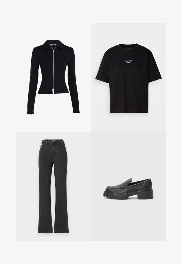 Calvin Klein Jeans ZIPPER LONGSLEEVE MILANO - Casaco de malha - ck black; T-shirt preta de algodão com gola redonda, mangas curtas e logo bordado azul "Calvin Klein JEANS" na parte da frente.; Jeans flared pretos de cintura alta feitos de denim, com fecho de botão, passadores para cinto e bolsos laterais. Textura suave com desbotamento mínimo.; Mocassins de couro preto com bico arredondado, sola espessa e texturizada, e detalhes de costura minimalistas. Design elegante sem atacadores ou ferragens visíveis.