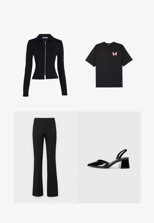 Calvin Klein Jeans ZIPPER LONGSLEEVE MILANO - Adīta jaka - ck black; Melna kokvilnas T-krekls ar īsām piedurknēm, kuram priekšā kreisajā pusē ir neliels rozā tauriņa grafiskais attēls. Ar apaļu kaklu un brīvā stila piegriezumu.; Melnas flared bikses ar ribotu tekstūru un pieguļošu vidukli. Dizainā ir vertikālas šuves, lai radītu plūdenu izskatu. Nav redzamu aprīkojumu.; Melna lakota āda ar atvērto papēdi, ar smailu purngalu un ģeometrisku blokpapēdi. Iezīmējas elegants, minimāls dizains un gluda tekstūra.