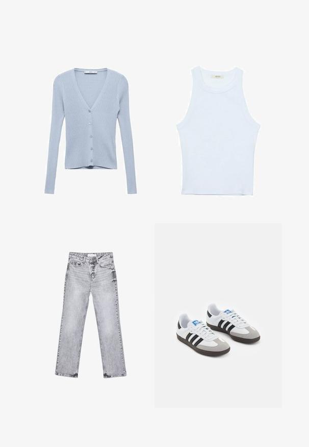 Světle modrý žebrovaný cardigan s výstřihem do V, dlouhými rukávy a šesti knoflíky vpředu. Má zkrácený lem a jemnou texturu.; Bílý top bez rukávů, žebrovaná textura, kulatý výstřih, obtáhnutý střih, decentní značka na štítku uvnitř oblasti límce.; Šedé džíny z denimu se střihy rovnými nohavicemi, s poškozenou úpravou, pěti kapsami a měděnými nýtky. Pasová část obsahuje logo štítek.; Sportovní boty s bílým koženým svrškem, šedou semišovou špičkou a třemi černými pruhy. Obsahují modré logo na jazyku a texturovanou gumovou podrážku.