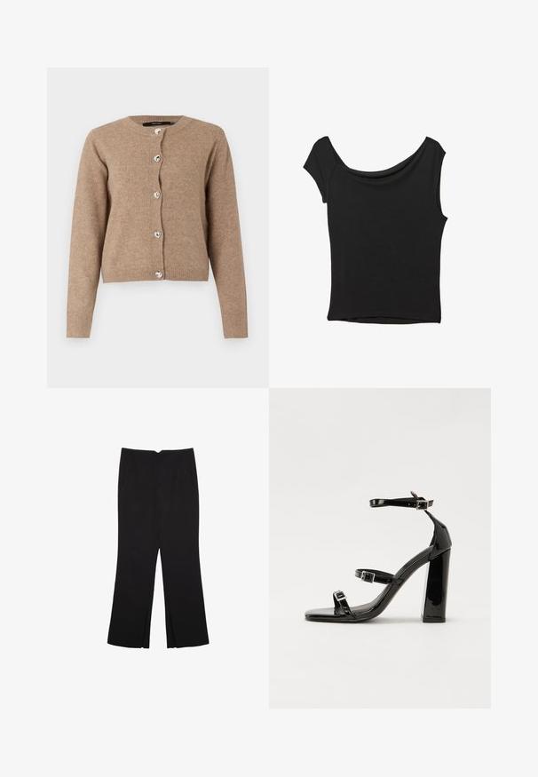 Brauner Cardigan aus weichem Stoff, mit rundem Ausschnitt, langen Ärmeln und sechs glänzenden, herzförmigen Knöpfen entlang der Vorderseite.; Schwarzes Kurzarmoberteil aus glattem Stoff; hat einen drapierten Ausschnitt und einen asymmetrischen Saum, mit einem figurbetonten Körper.; Schwarze Hose mit geradem Schnitt, ausgestattet mit Fronttaschen und Seitenschlitzen am Saum. Hergestellt aus weichem, glattem Stoff. Geeignet für verschiedene Anlässe.; Schwarze patentierte Sandalen mit Absatz, quadratischer Spitze, Knöchelriemen und silbernen Schnallen. Mit einem stabilen Blockabsatz für mehr Stabilität.