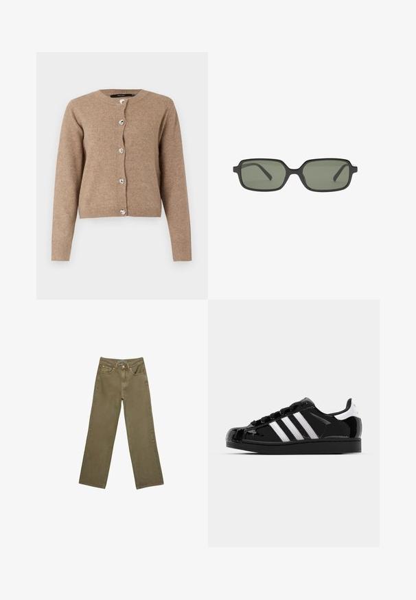 Brauner Cardigan aus weichem Stoff, mit rundem Ausschnitt, langen Ärmeln und sechs glänzenden, herzförmigen Knöpfen entlang der Vorderseite.; Zwei kurzärmlige Oberteile: eines in Schwarz und eines in Weiß. Beide haben ein figurbetontes Design mit seitlichen Raffungselementen und abgerundeten Säumen.; Olivengrüne, weit geschnittene Jeans aus Baumwolle mit stabiler Textur. Sie verfügen über einen Reißverschluss, fünf Taschen und kontrastierende Nähte in der Nähe des Bundes.; adidas Originals SUPERSTAR II - Sneaker low - core black/footwear white/gold metallic; Schwarze rechteckige Sonnenbrille mit dunkelgrünen Linsen, die ein flaches Design, minimalistische Seiten und einen leichten Rahmen für hohen Tragekomfort aufweist.