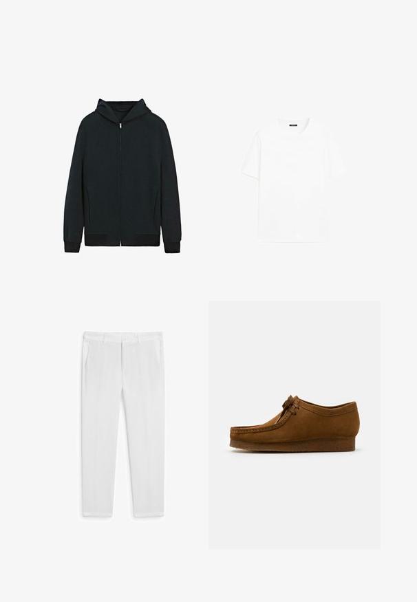 Felpa nera con zip, maniche lunghe, tasche frontali e polsini e orlo a coste.; T-shirt bianco in cotone con maniche corte, scollatura tonda e linea dritta. Texture liscia senza motivi o dettagli visibili.; Pantaloni in lino bianchi con una vestibilità dritta, dotati di due tasche frontali e chiusura a bottone. Tessuto liscio, senza motivo o decorazioni visibili.; Scarpa in suede marrone con punta rotonda e tacco basso, cuciture dettagliate lungo le cuciture e chiusura con lacci. Texture morbida con design snodato.