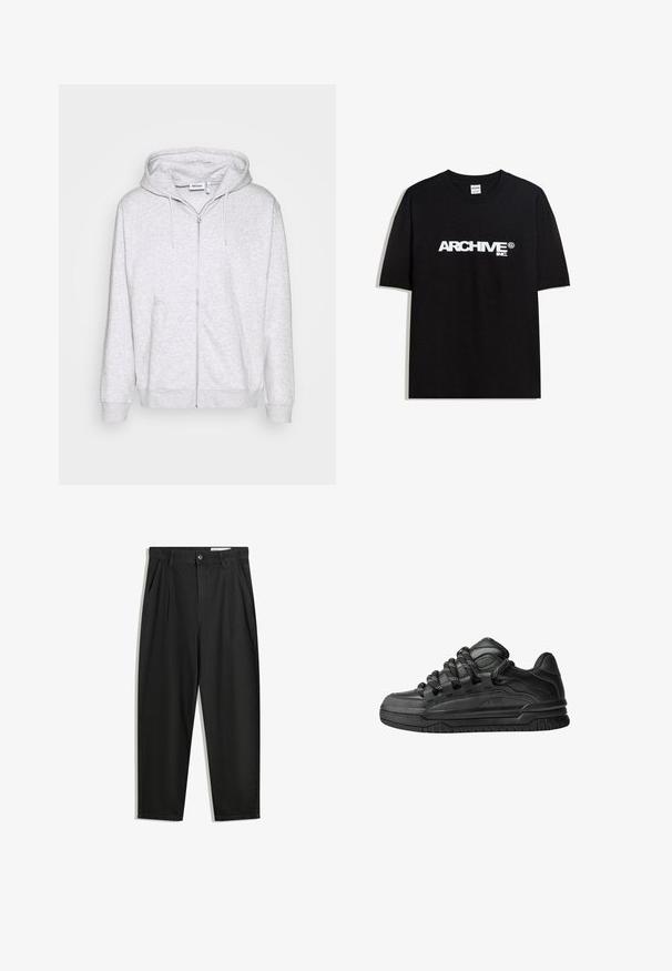 Világosszürke, cipzáros kapucnis pulóver, puha anyagból készült. Elülső cipzárral, két oldalsó zsebbel és állítható húzózsinóros kapucnival rendelkezik.; Fekete pamut póló, fehér "ARCHIVE inc." logóval a mellkasán, rövid ujjakkal és kerek nyakkivágással.; Fekete pamut nadrág laza szabással, klasszikus derékrésszel, elülső hajtásokkal és oldalsó zsebekkel. Simább textúra minta nélkül.; Fekete sportcipők sima bőrből készült felső résszel, struktúrált kiegészítőkkel, valamint kerek fekete és fehér fűzőkkel. Vastag gumitalp mintázott bordázattal.