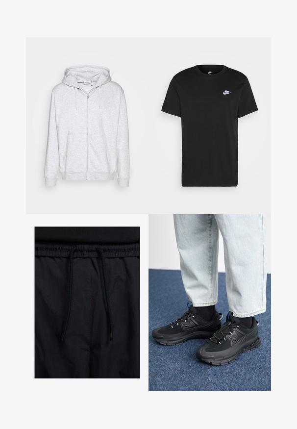 Felpa con zip grigia chiara realizzata in morbido tessuto. Presenta una chiusura frontale con zip, due tasche laterali e un cappuccio con cordino regolabile.; T-shirt in cotone nero con maniche corte, colletto rotondo e un piccolo logo Nike bianco sull'upper sinistra del petto. Texture liscia. Taglio classico.; Shorts neri con vita regolabile tramite coulisse, tessuto leggero con una texture liscia e un design semplice senza loghi o motivi visibili.; Scarpe sportive nere con tessuto testurizzato e suole in gomma, dotate di lacci elastici e un accento blu sul tallone. Indossate con pantaloni in denim chiaro.