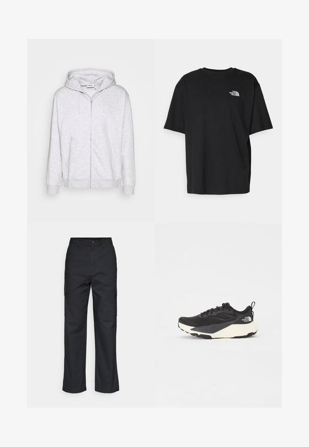 Light gray zip-up hoodie made from soft fabric. Features a front zipper, two side pockets, and an adjustable drawstring hood.; Black cotton T-shirt with a round neckline and short sleeves. Features white logo on the left chest. Simple, relaxed fit.; Black cargo pants with a straight-leg design, featuring side pockets and a textured fabric. Button closure at the waist for a secure fit.; Black athletic shoe with textured mesh upper, solid black accents, and white lightweight outsole. Features lace-up closure and pull tab.