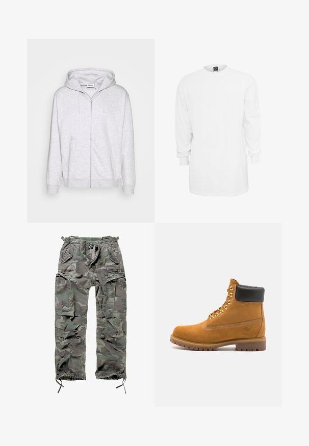 Hanorac cu fermoar de culoare gri deschis, confecționat dintr-un material moale. Dispune de un fermoar frontal, două buzunare laterale și o glugă cu șnur reglabil.; Tricou alb din bumbac cu mânecă lungă, guler rotund, croială lejeră și manșete cu nervuri. Design simplu, fără grafice sau modele.; Pantaloni cargo camuflați în nuanțe de verde și gri, cu multiple buzunare, talie elastică, mansete ajustabile la glezne și un croi lejer.; Cizmă de gleznă din întoarsă de culoare bej, cu guler negru căptușit, ochiuri din metal auriu, detalii de cusătură albă și talpă din cauciuc robustă, cu un model pronunțat.