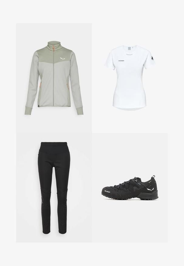 Fleece jacket in light green with textured gray panels, high collar, full zipper, and orange accents. Features a small logo on the chest.; Short-sleeve white athletic shirt with a round neckline, featuring a logo on the chest and a smooth, lightweight fabric texture.; Black athletic leggings with a high waistband, smooth texture, logo detail, and side panel accents for added visual interest.; Black hiking shoes with a textured fabric upper, lacing system, and rugged rubber sole. Accented with reflective details and logos.