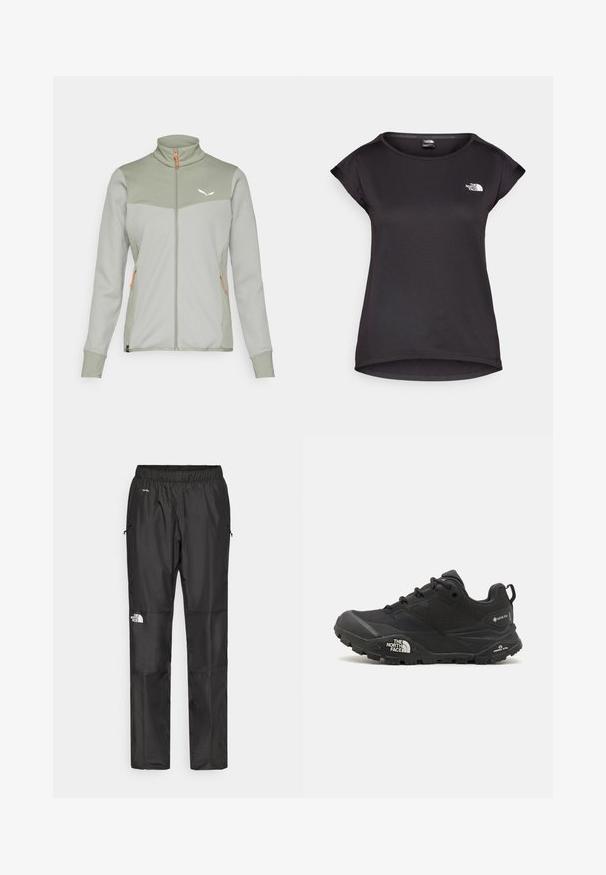 Giacca in pile verde chiaro con pannelli grigi testurizzati, colletto alto, zip completa e accenti arancioni. Presenta un piccolo logo sul petto.; The North Face TANKEN TANK - T-Shirt sport - black; Pantaloni impermeabili neri realizzati in tessuto leggero, dotati di cintura elastica, tasche laterali e un logo sulla gamba sinistra.; Scarpa da trekking nera con una tomaia texturizzata, chiusura con lacci e una suola di gomma spessa che presenta un logo prominente sul lato e disegni del battistrada.