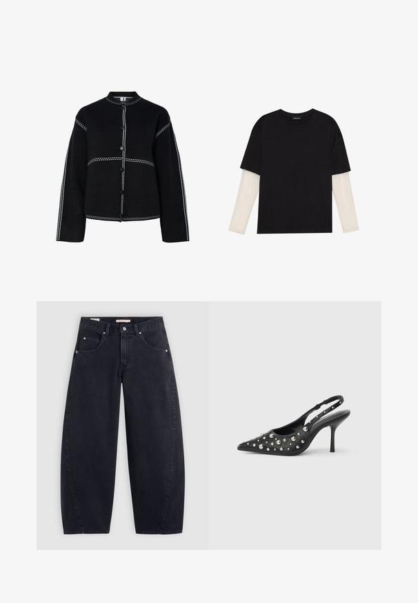 Fekete ingméretű dzseki magas gallérral. Különböző színű fehér varrás látható a varratok mentén és a gombokon, strukturált forma, valamint hosszú ujjú.; Fekete pamut póló, rövid ujjal, fehér hosszú ujjú réteg fölött, finom textúrával. Kerek nyakkivágású dizájn.; Fekete farmer széles szárú nadrág magas derékkal, két elülső zsebből és ezüst színű fémrészekből áll. Simább anyagú, minimális varrási részletekkel és egyenes vonalvezetéssel.; Fekete slingback magas sarkú cipő hegyes orral, szegecselt részletekkel és fényes ezüst díszítésekkel. Sima bőr textúrájú, vékony tűsarkú.