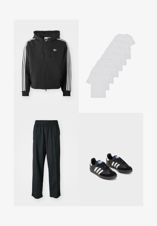 Sweatshirt preto com fecho éclair, feito de uma mistura de algodão, apresentando um bolso frontal, capuz com cordão e detalhes em branco com três riscas nas mangas.; T-shirts brancos de algodão, mangas curtas, design de gola redonda, com textura lisa, empilhados em fila, com uma marcação subtil na gola.; Calças atléticas pretas com um cós elástico, feitas de tecido suave, com costuras laterais discretas e um ajuste descontraído, design de perna reta.; Sneakers pretos com parte superior em camurça e sintético, apresentando três riscas brancas, sola de borracha texturizada e etiqueta azul no linguete.