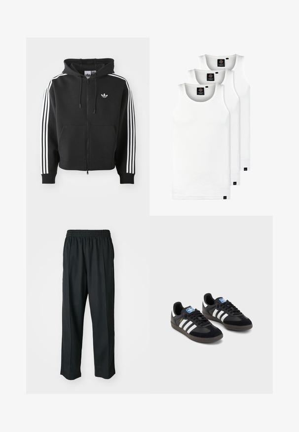 Sweatshirt preto com fecho éclair, feito de uma mistura de algodão, apresentando um bolso frontal, capuz com cordão e detalhes em branco com três riscas nas mangas.; Três tops em algodão de alças brancas com nervuras. Apresentam um decote redondo e pequenas etiquetas pretas perto da bainha. Disponíveis em vários tamanhos.; Calças atléticas pretas com um cós elástico, feitas de tecido suave, com costuras laterais discretas e um ajuste descontraído, design de perna reta.; Sneakers pretos com parte superior em camurça e sintético, apresentando três riscas brancas, sola de borracha texturizada e etiqueta azul no linguete.