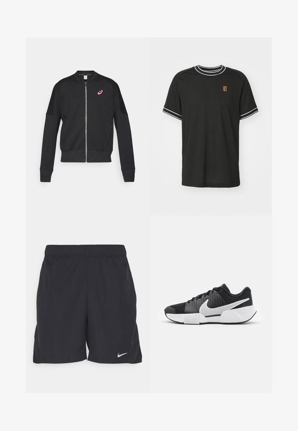 ASICS MATCH CAPSULE JACKET - Sweatjakke - performance black; Sort kortærmet t-shirt lavet af mesh-stof, med hvid kant på kraven og ærmerne, og et lille gult og rødt logo på brystet.; Sorte atletiske shorts lavet af letvægtsstof, med elastisk talje og et lille hvidt Nike-logo nederst til venstre.; Sorte athletic sko med en tekstureret overdel, hvidt swoosh-logo, polstret hæl og en kontrasterende hvid sål med et zigzagmønster.