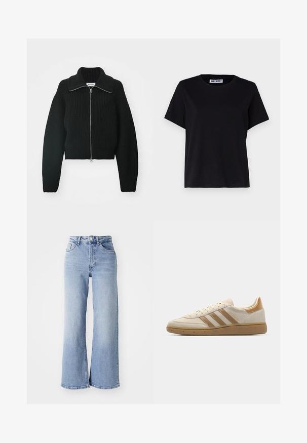 Weekday BEA ZIP CARDIGAN - Gilet - black; T-shirt noir à manches courtes en coton. Présente un col rond et une coupe décontractée. L'étiquette indique « WEEKDAY » au niveau du col.; Jean à taille haute, large et bleu clair, avec poches avant et arrière, fermeture à bouton et nuances subtiles d'usure sur les cuisses et les ourlets.; Baskets en suède beige avec des accents marron clair. Présente trois rayures marron, une semelle en caoutchouc texturée et un design à bout rond.