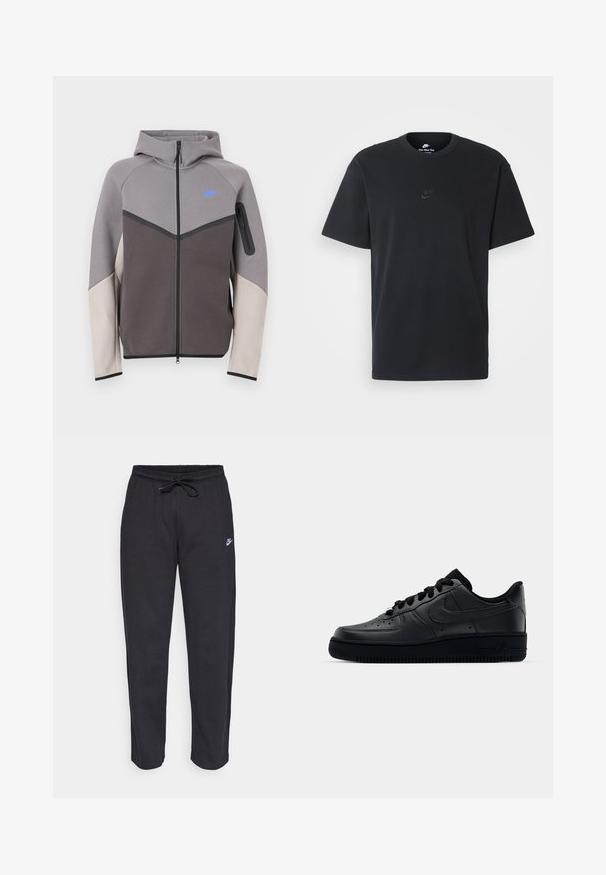 Pelēka un bēša kapuce ar rāvējslēdzēju un kapuci. Izceļas ar zilu logotipu, kontrastējošām šuvēm un rāvējslēdzēja kabatu uz piedurknes. Gluda tekstūra.; Nike melns kokvilnas T-krekls ar klasisku piegriezumu, īsām piedurknēm un smalku, reljefu logotipu uz krūškurvja. Gluda tekstūra.; Melnas sporta bikses, kas izgatavotas no mīksta auduma, ar elastīgu jostu, auklu un mazu Nike logo uz kreisā augšstilba.; Melni Nike Air Force 1 apavi ar gludu ādas virsu, perforētu purngalu gaisa caurlaidībai, melnām šņorēm un teksturētu gumijas zoli.