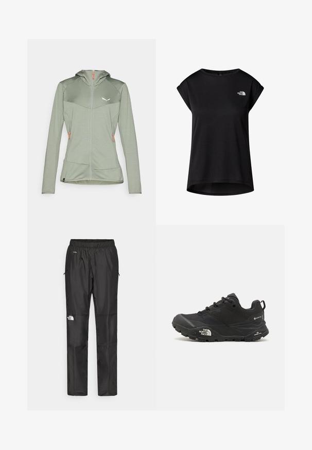 Chaqueta con capucha de color verde claro, con cremallera, de tela texturada, que presenta detalles en color naranja en la cremallera y un logo blanco en el pecho. Incluye dos bolsillos laterales.; Camiseta de manga corta negra hecha de tejido suave. Presenta un cuello redondo y un logo impreso en el pecho. Corte relajado, ligeramente holgado, con un dobladillo curvado.; Pantalones impermeables negros hechos de un tejido ligero, con una cintura elástica, bolsillos laterales y un logo en la pierna izquierda.; Zapatilla de senderismo negra con parte superior texturizada, cierre de cordones y una suela de goma gruesa que presenta un logotipo prominente en el lado y patrones de tracción.