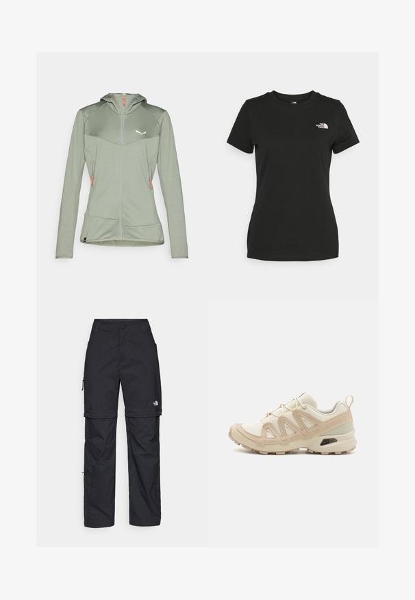 Heledad heles roheline kapuutsiga jakk, millel on struktureeritud kangas, oranžad tõmblukukohad ja valge logo rinnal. Kahe küljetasku võimalus.; Mustvalge puuvillane t-särk, millel on ümber kaeluse lõige ja lühikesed varrukad. Märkimisväärne valge logo vasakul ülal nurgas. Sile tekstuur, mugav lõige.; Mustad nailonist valmistatud eemaldatavad cargo-püksid, reguleeritavate pahkluudega, mitmete taskutega ja paremal jalal logoga. Sile, kerge tekstuur.; Beež ja koobalti spordijalats tekstureeritud võrkkattega, toetavad ülemised kihid ja kummist tallaga, millel on mustriga joonistus haardeks.