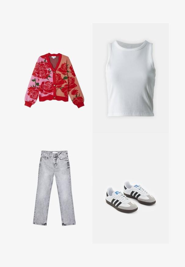 Cardigan s uzorkom ruža u crvenoj i ružičastoj boji, s V-izrezom, kopčanjem na dugmiće i rebrastim rubom. Sadrži velike ruže na višebojnoj pozadini.; Bjela rebrasta majica bez rukava s okruglim izrezom i ravnim rubom, koja ima glatku i rastezljivu teksturu.; Sive traperice s ravnim nogavicama, s detaljima trošenja, pet džepova i bakrenim zakovicama. Pojas ima oznaku s logom.; Sportske cipele s gornjištem od bijele kože, sivi suedinasti nos i tri crne pruge. Imaju plavi logo na jeziku i teksturiranu gumenu podlogu.