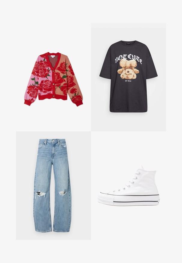 Cardigan floreale rosso e rosa con scollatura a V, chiusura a bottoni e orlo a coste. Presenta grandi rose su uno sfondo multicolore.; T-shirt nera oversize con una grafica di un orso e la scritta "NON CARINA MA SELVAGGIA" in grassetto, lettere bianche. Materiale in cotone.; Jeans azzurri chiari a vita alta realizzati in denim. Presentano gambe larghe, due aree strappate sulle ginocchia e il classico styling a cinque tasche.; Sneaker alta in tela bianca con suola in gomma nera, punta in gomma frontale e sei asole per i lacci, caratterizzata da un design pulito e minimalista.