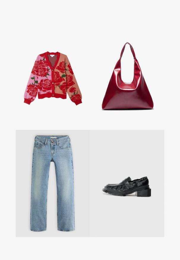 Rød- og rosa blomstret cardigan med V-hals, knapper foran og ribbestrikket kant. Har store roser mot en flerfarget bakgrunn.; To lange ermer. En hvit og en svart, begge i lett bomull med bred båtutringning og slim fit.; Lys blå rette jeans laget av denim, med knappeåpning, fem lommer og subtil falming langs bena.; Sorte lærlofer med en strukturert såle, som har en lett hevet blokkhæl og en teksturert overdel, sikret med en frontstropp.; Rød, blank lærveske med en trekantet form, bred åpning på toppen og et enkelt buet håndtak. Glatt tekstur med minimale sømdetaljer.; Sett med tolv hoop øredobber i sølv- og gulltoner. Inkluderer vridde, glatte og teksturerte design med ulike størrelser og overflater.