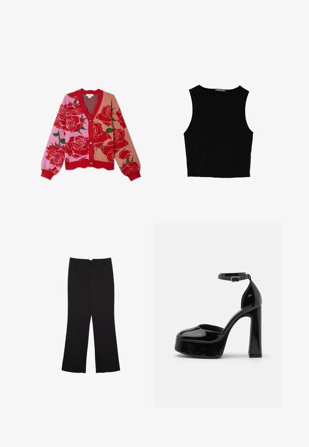 Czerwony i różowy kwiecisty kardigan z dekoltem w kształcie V, zapinany na guziki, z prążkowanym dołem. Posiada duże róże na wielokolorowym tle.; Czarny bezrękawnik crop top z gładkiego materiału, z okrągłym dekoltem i czystym, prostym wzornictwem, bez wzorów czy metalowych elementów.; Czarne spodnie o prostym kroju, z przednimi kieszeniami i bocznymi rozcięciami na dole. Wykonane z miękkiego, gładkiego materiału. Odpowiednie na różne okazje.; Czarne lakierowane platformowe obcasy z paskiem wokół kostki, zaokrąglonym noskiem i blokowym obcasem, prezentujące gładką, błyszczącą fakturę.