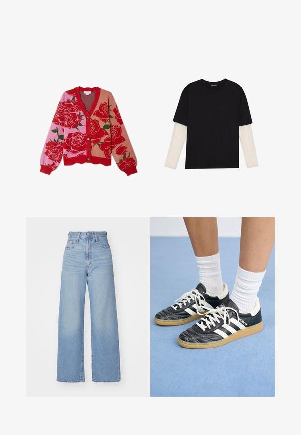 Rote und pinkfarbene florale Strickjacke mit V-Ausschnitt, Knopfverschluss und geripptem Saum. Sie zeigt große Rosen auf einem mehrfarbigen Hintergrund.; Schwarzes T-Shirt aus Baumwolle mit kurzen Ärmeln über einer weißen Langarmschicht, die ein dezentes strukturiertes Muster aufweist. Rundhalsausschnitt.; Hellblaue High-Waist-Weite-Leg-Jeans mit Knopf- und Reißverschluss vorne, Vorder- und Rückentaschen, auf weißem Hintergrund.; Schwarze Ledersneaker mit weißen Streifen, runder Zehenpartie, weißen Schnürsenkeln und Gummisohle. Abgerundet durch gepolsterten Kragen und Branding-Details.