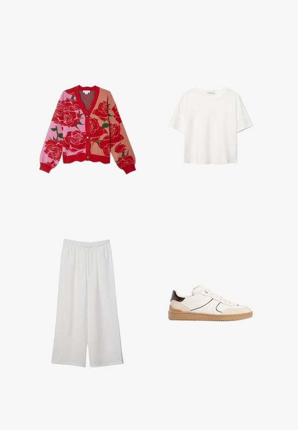Rdeče in roza cvetlični kardigan z V-izrezom, zapiranjem z gumbi in rebrastim robom. Ima velike vrtnice na večbarvni podlagi.; Bela kratka majica s kratkimi rokavi iz bombaža. Ima okroglo izrezovanje in sproščen kroj. Gladka tekstura brez vidnih vzorcev ali poudarkov.; Bele široke hlače iz lahkega materiala, ki imajo elastičen pas in vrvico za prilagajanje. Gladka tekstura.; Stradivarius Športni copati - white
