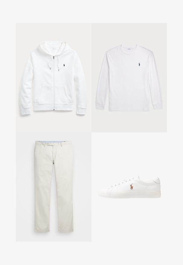 Bílá mikina na zip s kapucí na stažení, předními kapsami a malým černým logem na levé straně hrudi. Měkká tkanina a volný střih.; Bílé tričko s dlouhým rukávem vyrobené z bavlny. Má kulatý výstřih, žebrované manžety a malé námořnické modré logo polo na levé hrudi.; Béžové bavlněné chinos kalhoty s plochým předním dílem, poutky na opasek a bočními kapsami. Rovný střih s hladkou texturou a lehkým, prodyšným pocitem.; Bílé kožené tenisky, nízký střih, s hladkým povrchem, kulatou špičkou, šněrováním v přední části a malým vyšitým logem na boku.