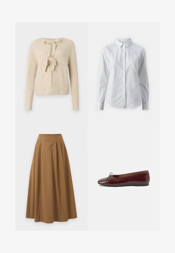 Cardigan de malha bege com mangas longas, decote redondo e fecho por atar à frente. Apresenta textura canelada e um corte solto.; Camisa branca de botão feita de algodão suave, com colarinho clássico, mangas longas e bainha curva. Os botões são pequenos e brancos.; Saia A-line de algodão castanho com cintura alta, apresentando pregas na parte da frente e uma textura suave. As bordas da bainha são limpas e simples.; Bailarinas em couro sintético borgonha com bico redondo, pequeno laço na frente e sola baixa em borracha preta. Textura suave.