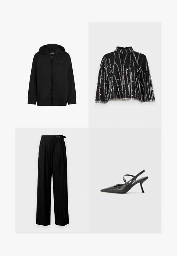 Melnā zip-up kapucēta jaka, izgatavota no mīksta auduma. Tam ir priekšējais kabata, kapuce ar auklu un baltais "Karl Lagerfeld" logo uz krūtīm.; Melna īsā topiņa ar augstu kaklu, kurai ir sudraba mirdzošas vertikālas svītras, caurspīdīgas piedurknes un teksturēta auduma.; Melni plaši bikses ar augsto jostasvītru, priekšā ar krokojiem un jostu ar sprādzi. Izgatavotas no gludas, vieglas auduma.; Melnas ādas slingback papēži ar norādītu purngalu, izsmalcinātu papēdi un dekoratīvu sprādzi uz priekšpuses. Gluda tekstūra un elegants dizains.