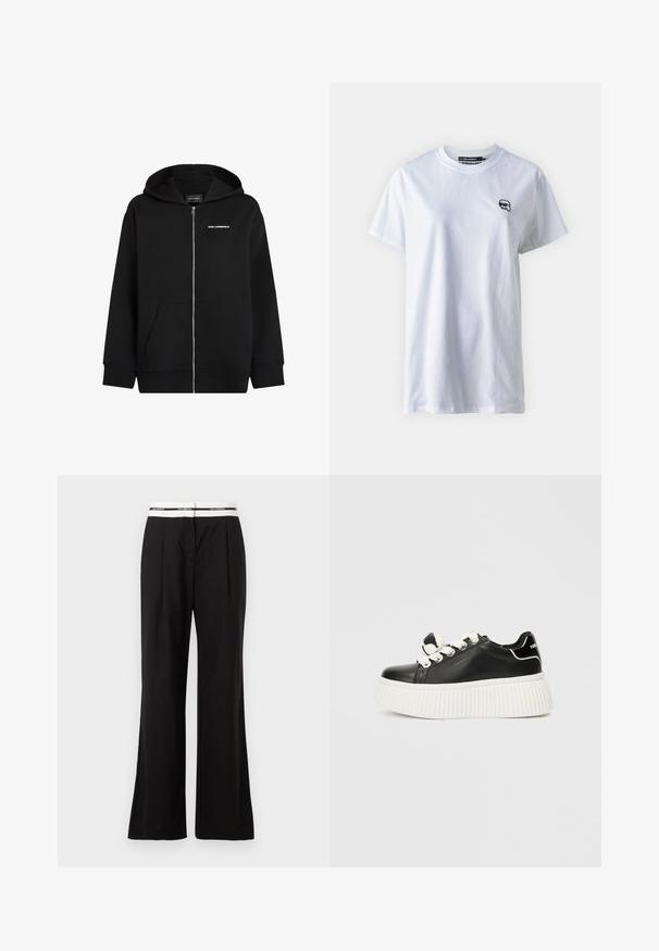 Juodas zip-up džemperis, pagamintas iš minkštos medžiagos. Priemonė su priekinėmis kišenėmis, sustringuoto gobtuvu ir baltu "Karl Lagerfeld" logotipu krūtinėje.; Balta 100% medvilninė marškinėliai su trumpomis rankovėmis, apvaliu iškirpimu ir mažu juodu logotipu kairėje krūtinės pusėje. Lygus audinys, laisvas kirpimas.; Juodos laisvos kelnės su baltu elastingu juosmeniu ir firminių ženklų. Pagamintos iš glotnaus audinio su nedideliu blizgesiu.; Juodas odinis sportinis batelis su storu baltu guma, puikiai tinkančia, turintis baltas raišteles ir dekoratyvinį kaspiną ant liežuvio.