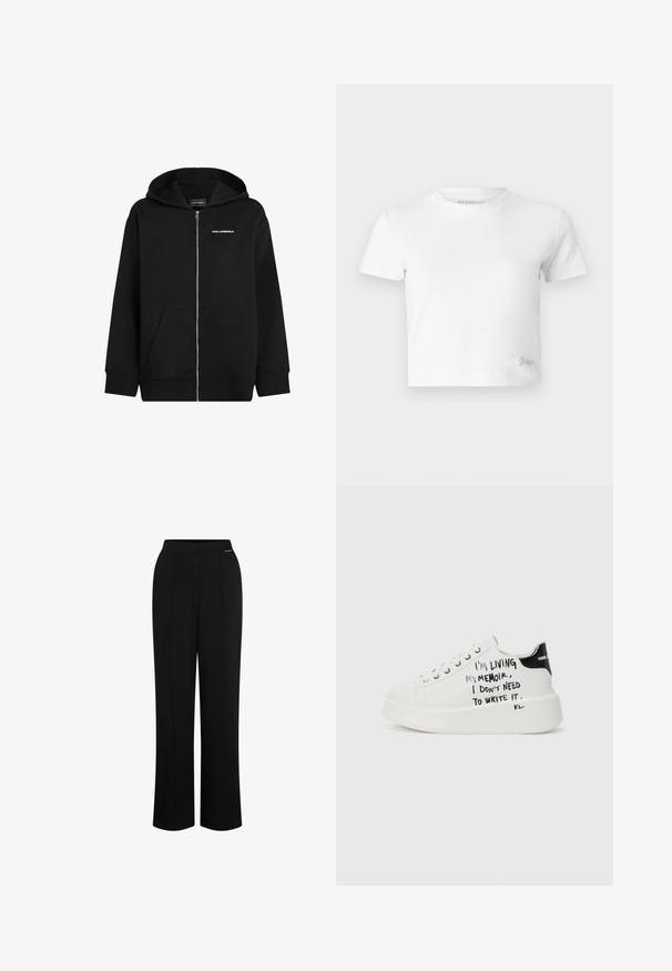 Must negra, millekangaga, pehmeast kangast. Omab esikotti, nööriga kapuutsi ning valge "Karl Lagerfeld" logo rinnal.; Valge lühike t-särk, mis on valmistatud siledast puuvillast, kõrge kaelusega ja lühikeste varrukatega. Väike tikand logoga alumises nurgas.; Mustad, laiad püksid siledast kangast. Omavad kortsuta esipinda, kahte vertikaalset kortsu ning varjatud vööda.; Valged platvorminike mustade aktsentidega, tekstureeritud tallaga ja käsitsi kirjutatud tekstiga külgedel. Sujuv nahk.